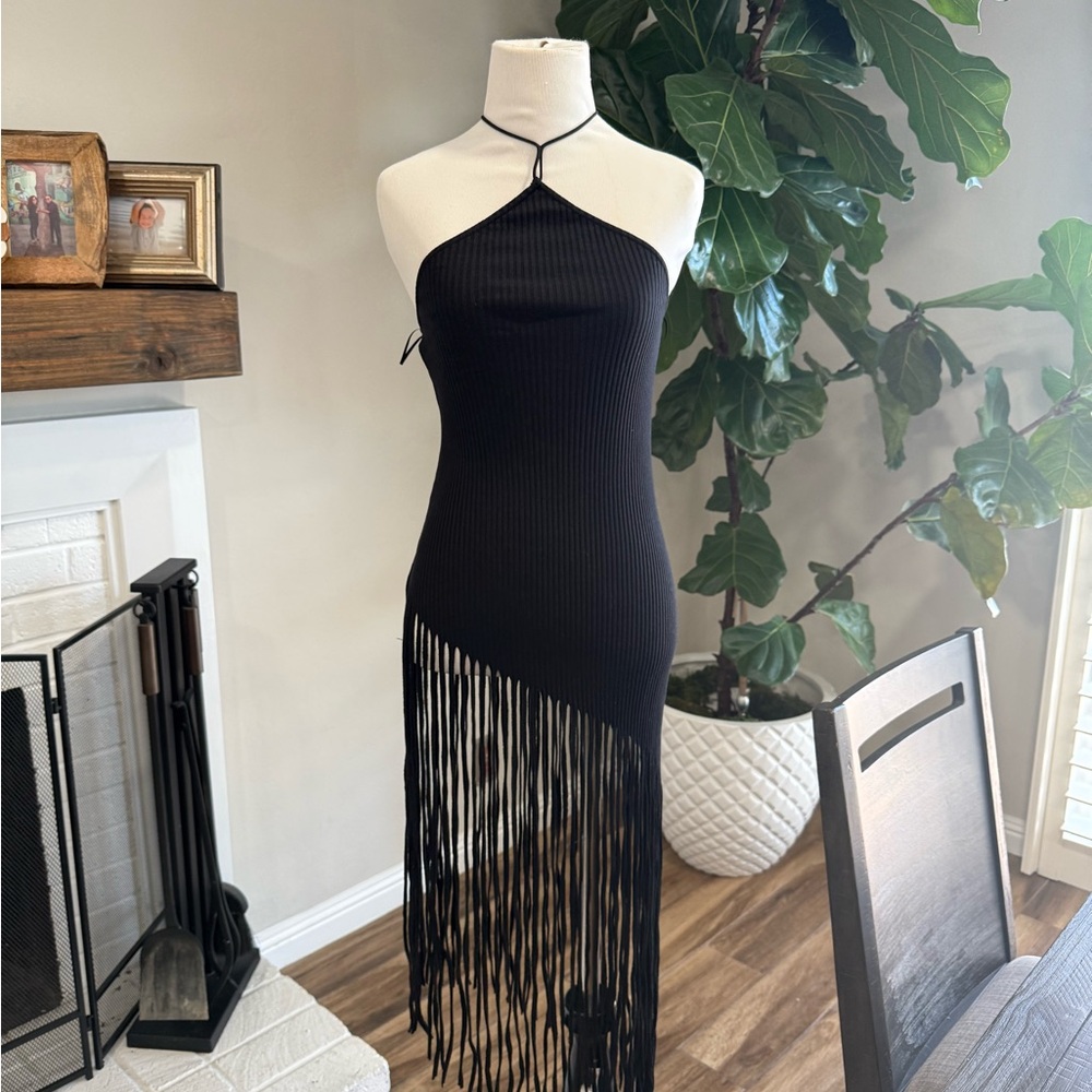 Zara Black One-Shoulder Fringe Bodycon Dress